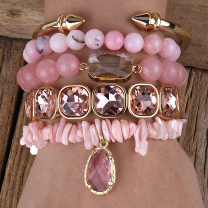 Rose quartz pink crystal glass beaded bracelet stack
