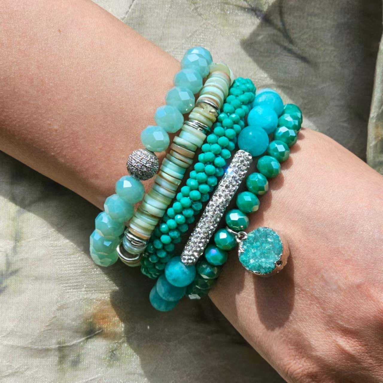 Rhinestone Studded bracelet stack in turquoise blue