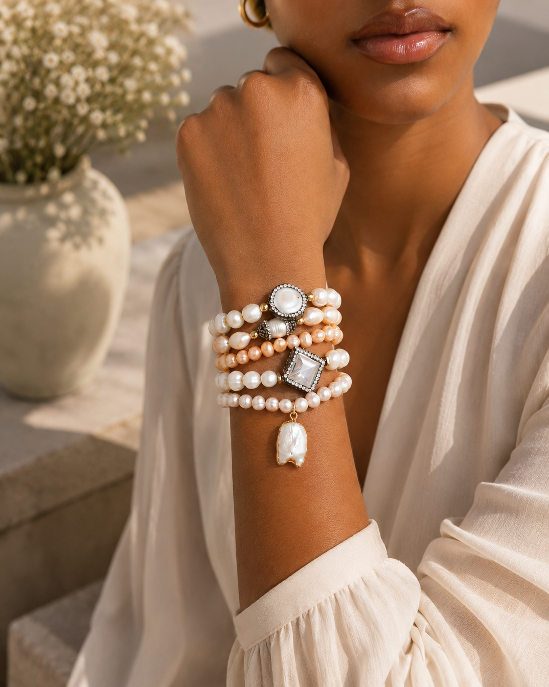 Woman's arm wearing multiple pearl bracelets with a blurred natural background