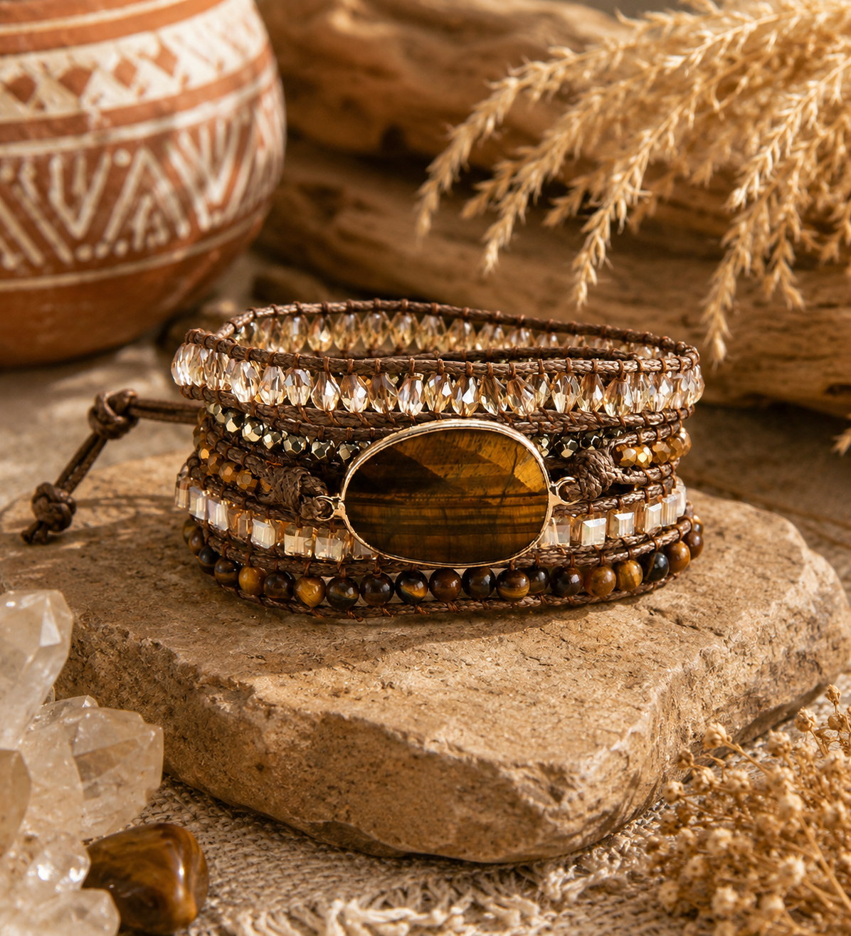 Stacked bracelets with gemstones on a wooden surface with natural elements
