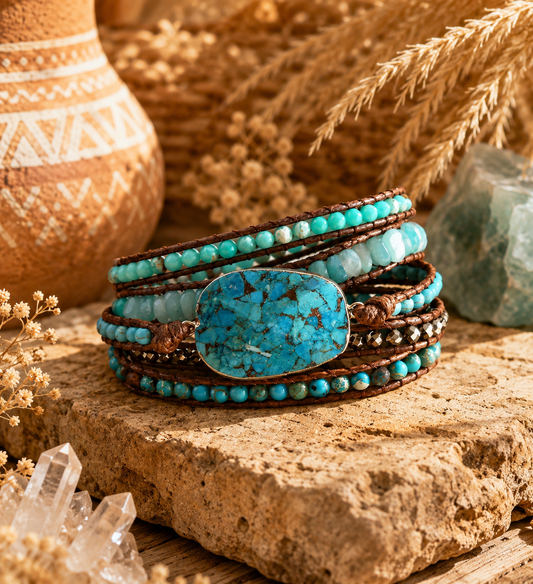 Turquoise beaded bracelet with a large turquoise stone on a stone surface with natural elements.