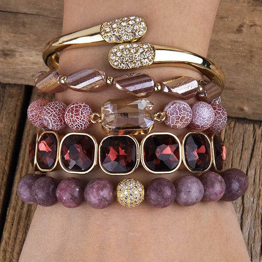 Rhinestone studded crystal glass bracelet stack in mauve with bangle