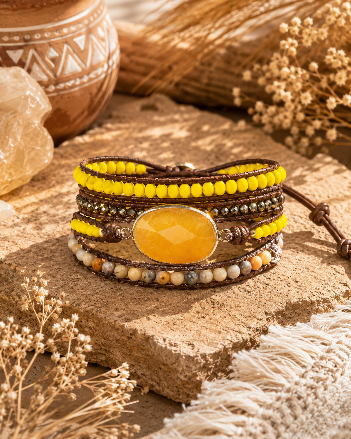 Multistrand bracelet with yellow beads and a large orange stone on a textured surface with dried plants.