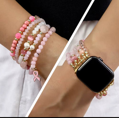 Two views of a wrist wearing a beaded bracelet with a pink breast cancer awareness ribbon and a smartwatch.