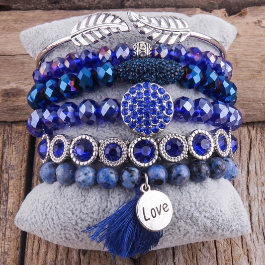 Blue Lapis Lazuli Crystal Rhinestone Beaded Bracelet Stack