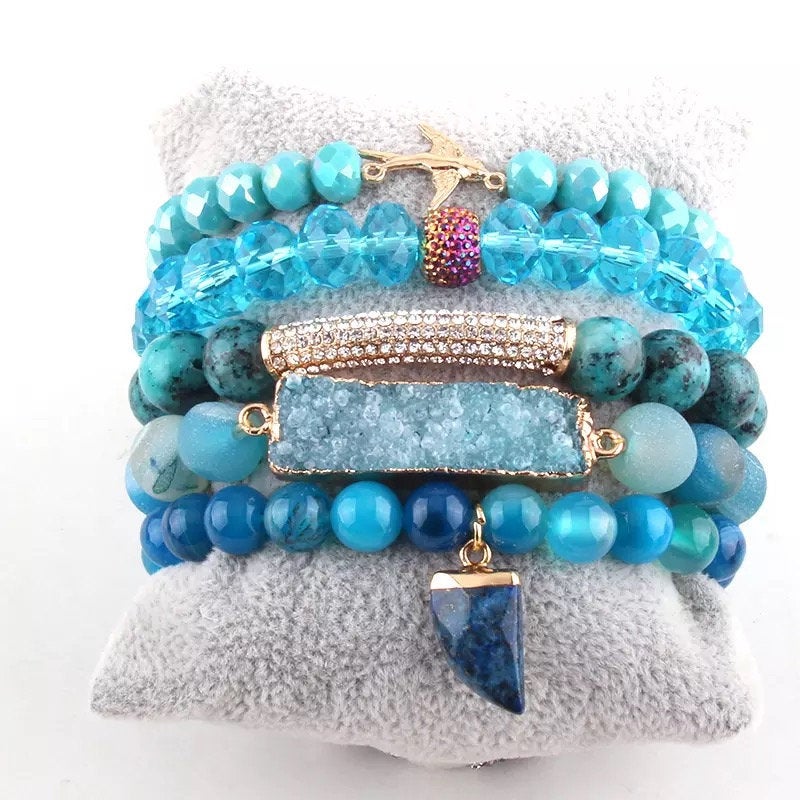 Crystal beaded druzy stone bracelet set blue