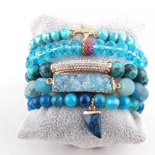 Crystal beaded druzy stone bracelet set blue