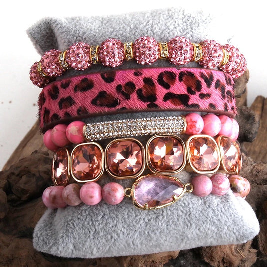 5 Piece womens crystal beaded gemstone bracelet set pink rhodonite.