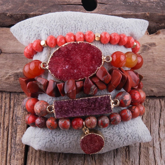 Five Red Druzy Agate Bracelet Set