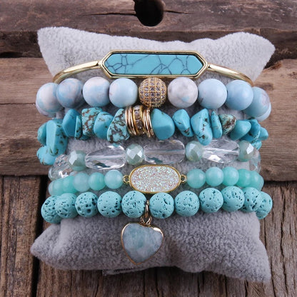 Blue and white beaded gemstone bracelet stack