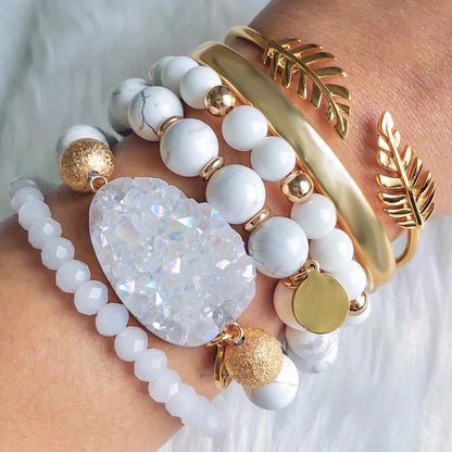 White howlite with gold accents beaded bracelet set.