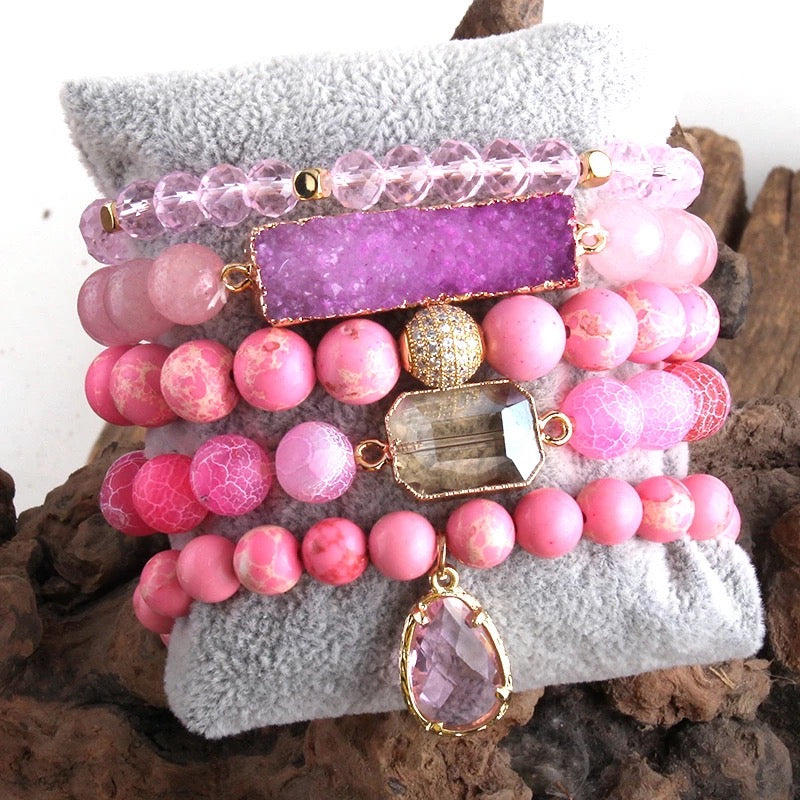 Pink Jasper Beaded Bracelet Stack Set